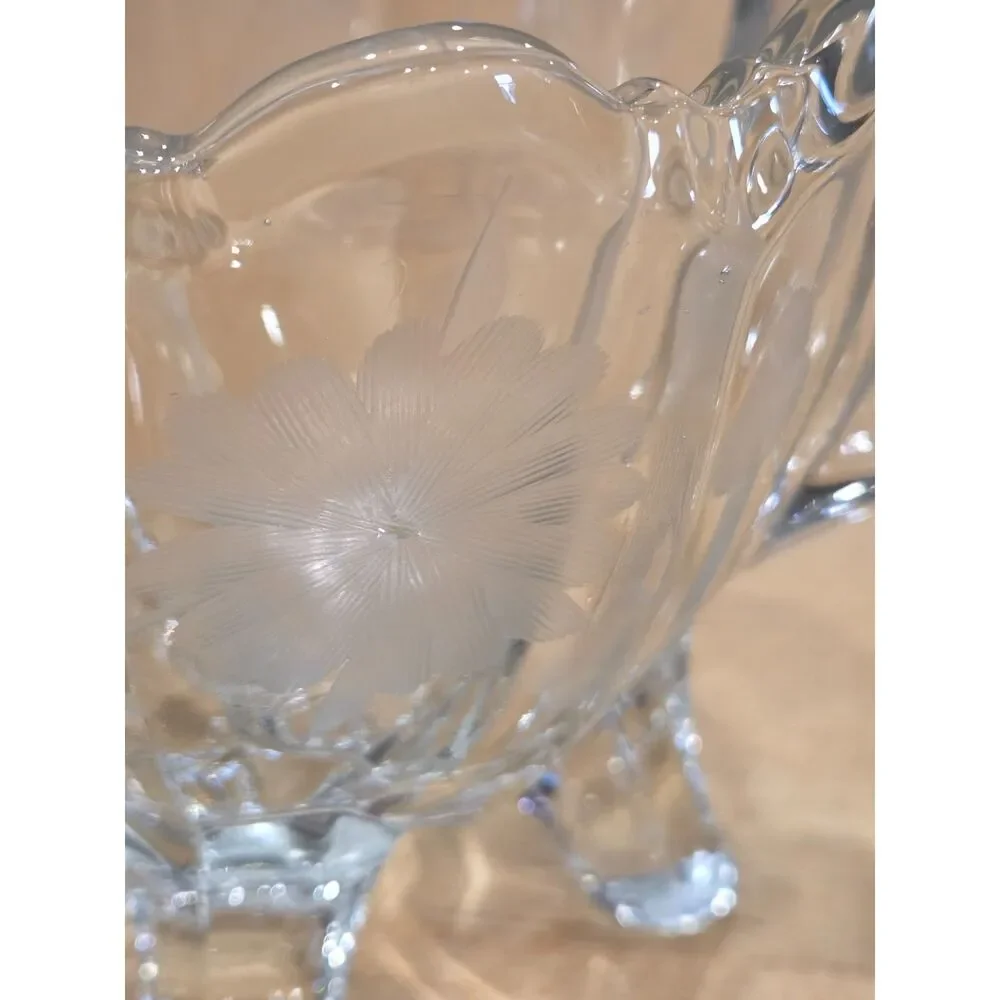 Vintage Clear Glass Etched Floral Creamer and Sugar Bowl Set Four Footed 2 Pcs